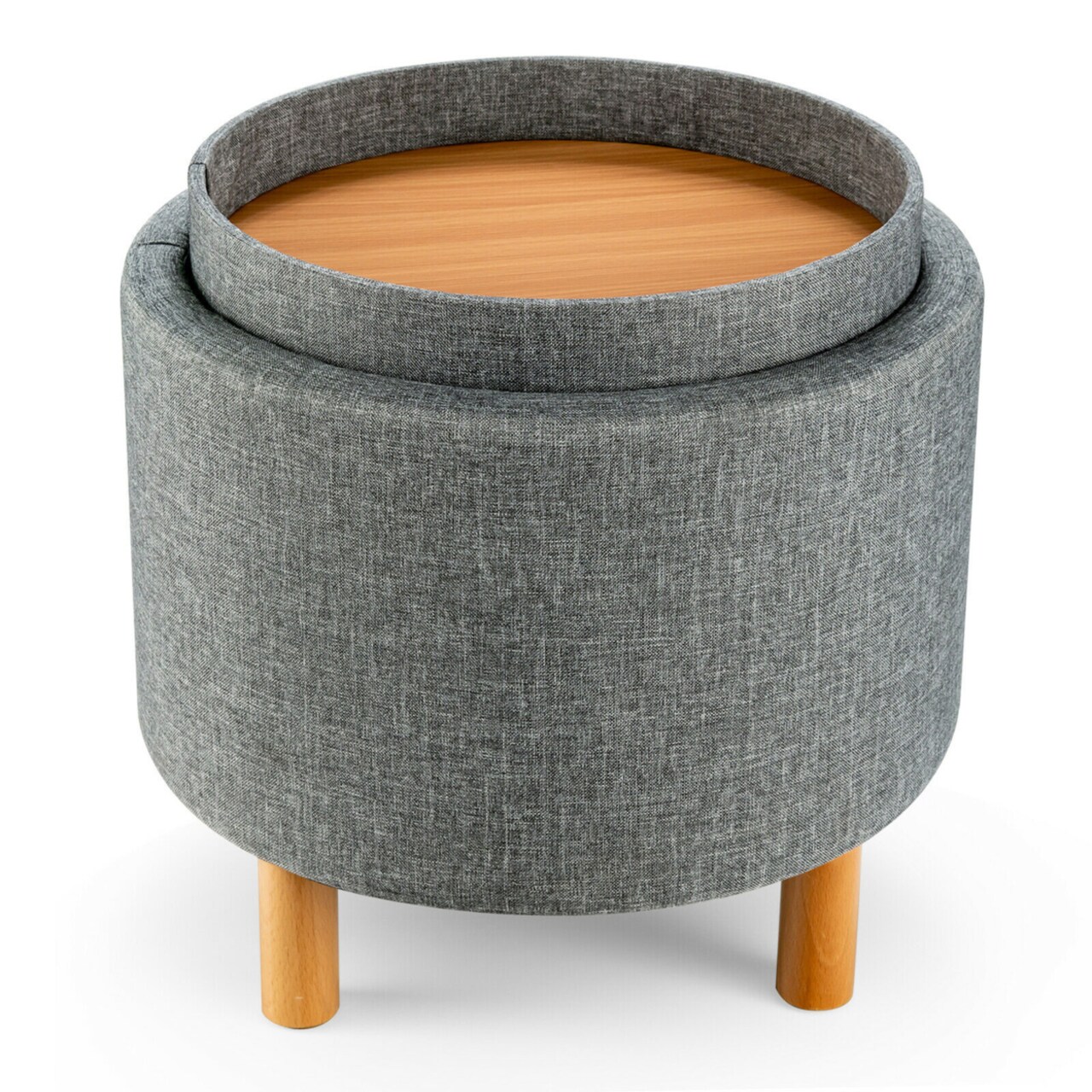 Round Storage Ottoman W/Tray Top Accent Padded Footrest W/Wood Legs